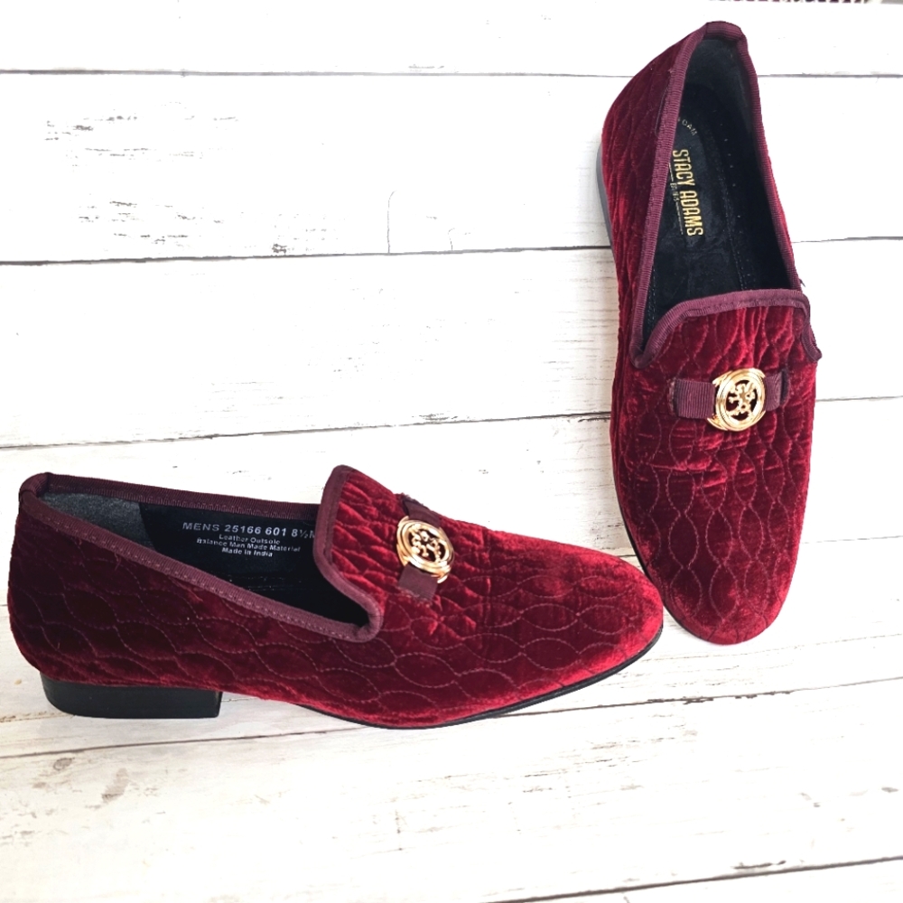 Stacy Adam's Mens Valet Slip On Burgundy Velvet Velour Loafers Shoes Gold Detail - Picture 1 of 14